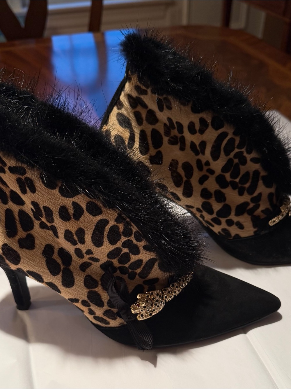 Beverly Feldman Leopard Print Bootie with Faux Fur and Jeweled Leopard Piece